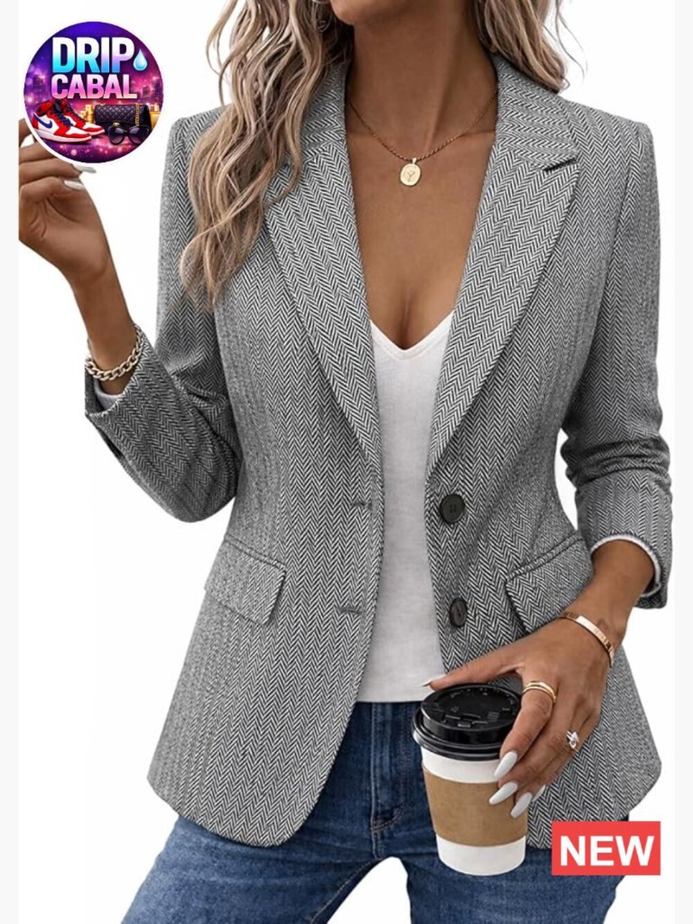 Herringbone Tweed Blazer Jacket Notched Lapel Fully Lined Work Office Coat
